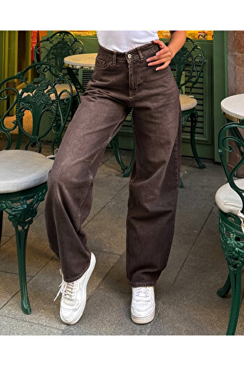 deqfashion Kadın Kahverengi Yüksek Bel Toka Detaylı Baggy Jean Pantolon