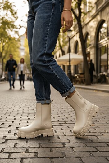 DİVOLYA Καθημερινές μπότες Senni Beige με ελαστική πλαϊνή χοντρή σόλα