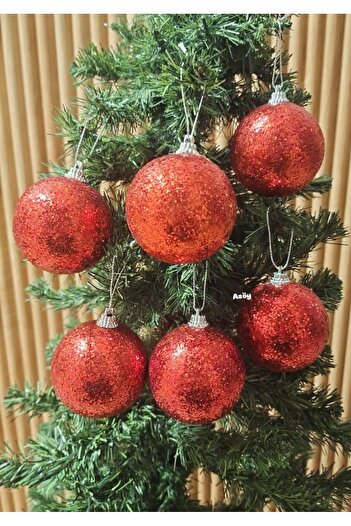 asöy Christmas Tree - 6 cm Red Glitter Ball, 6-Piece Red Glitter Snowy Sphere Ornament
