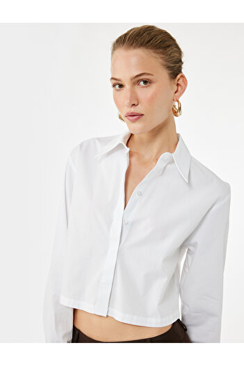 Koton Cămașă crop oversize din poplin cu mânecă lungă și guler clasic