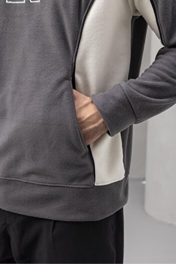 Valiberta Frank Parçalı Kontrast Desenli Kapüşonlu Oversize Cepli Polar Erkek Sweatshirt - Füme