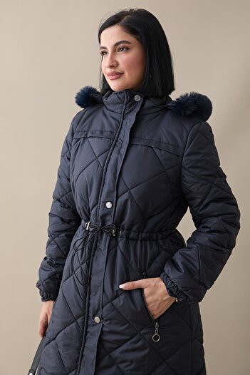 InStyle Καπιτονέ παλτό Navy Blue - Μαζευμένη μέση