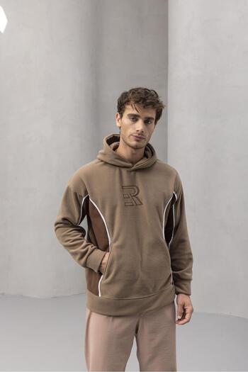 Valiberta Frank Patchwork Contrast Patterned Hooded Oversize Pocketed Fleece Men's Sweatshirt - Beige
