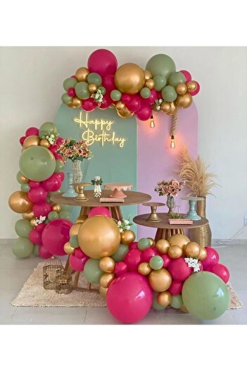 Ezgi Party Store 100 Pieces Balloons Fuchsia Mildew Green Gold Balloons Party Set