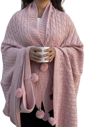 Sevim Pompom Knitwear Knitted Tv Blanket – Knitted Sofa & Shoulder Shawl & Knee Blanket – 130X170 cm – Powder