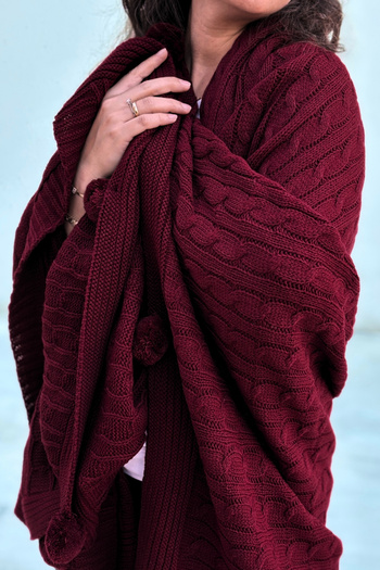 Sevim Claret Red Pompom Knitwear Tv Blanket - Armchair and Shoulder Shawl, Knee Blanket - 130X170 cm