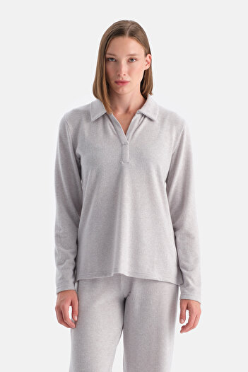 Dagi Gray Melange Polo Neck Long Sleeve Basic Top