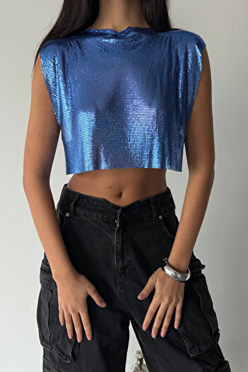 Trend aksesuar Geniş Kesim Zırh Kumaş Crop Bluz