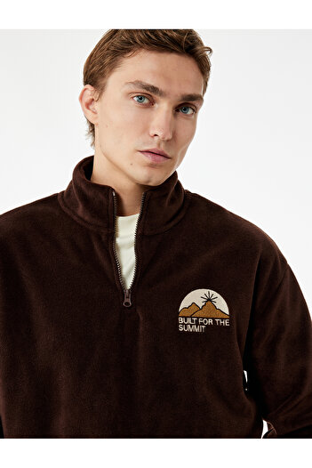 Koton Embroidered Long Sleeve Color Block Half Zip Fleece Sweatshirt