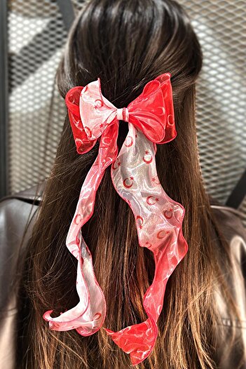 New Obsessions Alice Turkish Flag Red-White Long Tulle Bowknot Hair Clip