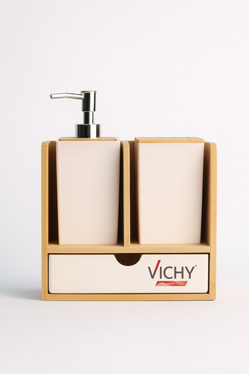 Vichy Bamboo Base Plastic Bathroom Set – Liquid Soap Dispenser, Toothbrush Holder and Organizer with Drawer Ur-3523
