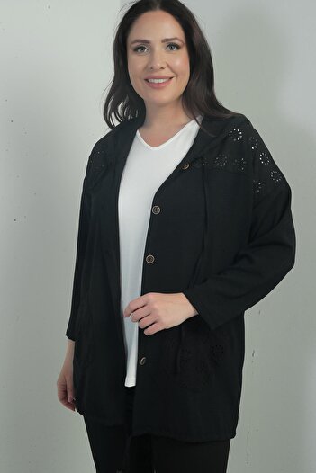 By Saygı Women's Hooded Button Front Pocket Scalloped Plus Size Cardigan