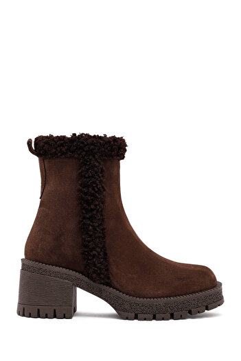 Derimod Women's Brown Zippered Thick Heeled Suede Leather Boots 25Wfd131810
