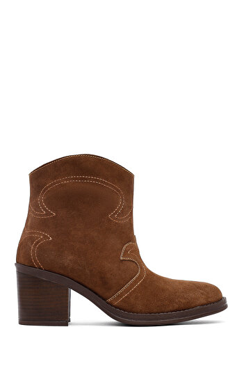 Derimod Women's Tan Thick Heeled Suede Leather Cowboy Boots 25Afd221210