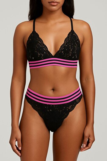 DEEP SECRET Black Pink Striped Elastic Full Lace Bralet Set Ds20095brt