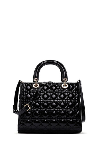 Derimod Women's Black Long Strap Patterned Patent Leather Handbag 25Wbd284316
