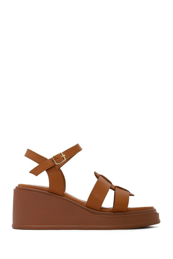 Derimod Women's Tan Ankle Buckle Wedge Heeled Leather Sandals 25Sfd131518