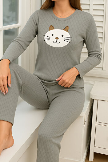 ELİTOL Women's Grey Cat Patterned Long Sleeve Pajama Set