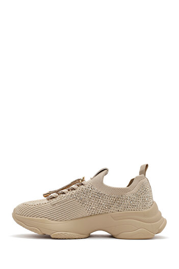 Derimod Zero Women's Beige Lace-Up Stone Detailed Fabric Sneaker, Winter Sports Shoes 25Afd43026F