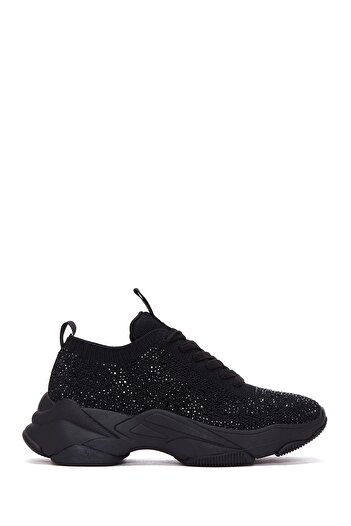 Derimod Zero Women's Black Lace-Up Thick Sole Stone Fabric Sneaker, Winter Sports Shoes 25Afd43006