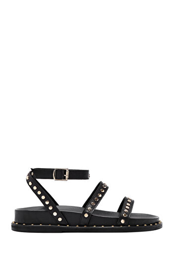 Derimod Women's Black Ankle Strap Metal Detailed Genuine Leather Sandals 25Sfd270318