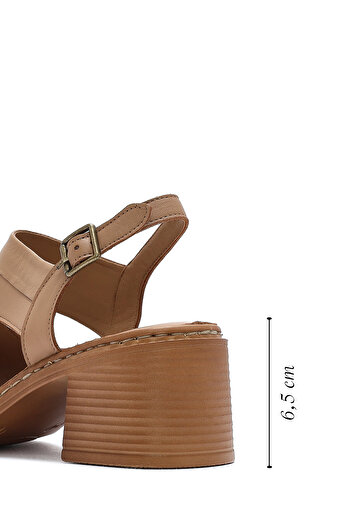 Derimod Women's Camel Ankle Strap Thick Heeled Shoes Genuine Leather Sandals 25Sfd341018