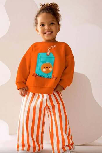Kidmark Çocuk Modası Girl's Striped Wide Leg Orange 100% Cotton Top and Bottom Set