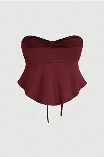 ecemore Straplez Büzgülü Fiyonk Detaylı Crop Bluz