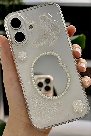 Fibaks Apple iPhone 16 Case 3D Butterfly Rose Pattern Mirrored Glitter Transparent Design Silicone Cover