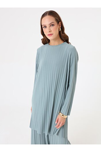 Refka Sandy Fabric Pleated Comfortable Fit Tunic&Pants Set - Antique Green -