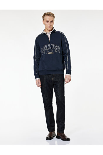 Koton Long Sleeve College Embroidered Color Contrast Raised Half-Zip Sweatshirt