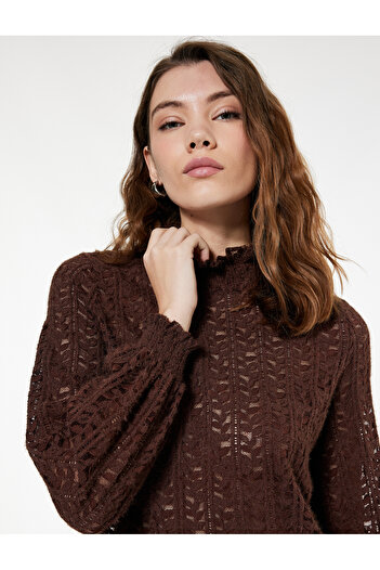 Koton Long Balloon Sleeve Ruffled Stand Collar Lace Blouse