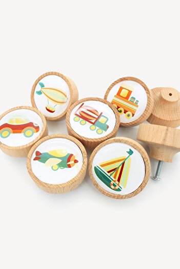 Kulpingo Mâner pentru cameră pentru copii din lemn mixt din seria Cute Vehicles - Set de 6