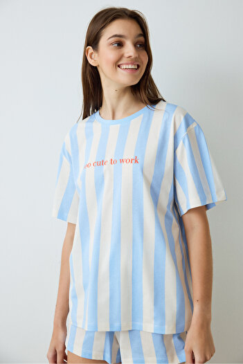 Penti Light Blue Cute to Work Cotton Striped Crew Neck Short Sleeve Pajama Set with Shorts