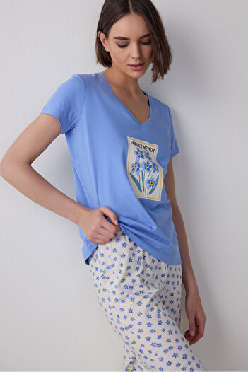 Penti Blue Forget Me Not Cotton V-Neck Short Sleeve Capri Pajamas Set