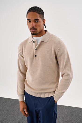 odelon Men's Regular Fit Cotton Polo Neck Buttoned Stone Knitwear Sweater