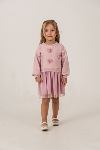 Eray Kids Kız Çocuk Kalpli Tüllü Sweatshirt Pembe Elbise (3-4-5-6 Yaş)