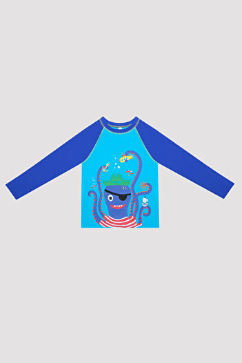 Penti Boy's Pirate and Octopus Print Turquoise Swimming Top