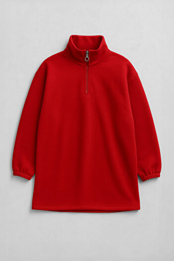 MARKAPIA WOMAN Women's Half Zipper Red Sweat Dress with Fleece Inside