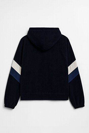 MARKAPIA WOMAN Women's Zippered Hooded Navy Blue Fleece Sweatshirt with Pockets