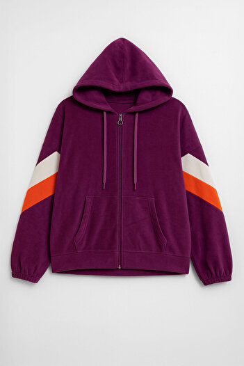 MARKAPIA WOMAN Women's Zippered Hooded Pocketed Purple Fleece Sweatshirt