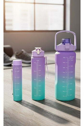 Saban Purple, Set of 3 - Flask Set with Stickers and Straws - 2000ml, 900ml, 300ml
