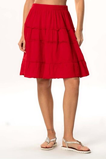 Eliş Şile Bezi Benan Waist Elastic Short Summer Muslin Skirt Red Krmz