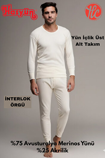 Hasyün Men's 75% Wool Sweat-Absorbent Non-Irritating Underwear Long Sleeve Top and Bottom Set