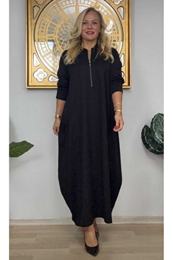 KLEERMAKER Women's Plus Size Crystal Fabric Half Zipper Shirt Collar Pocket Black Dress