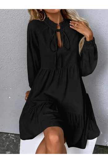 Silerra Women's Long Sleeve Neck Tie Ruffled Linen Mini Dress