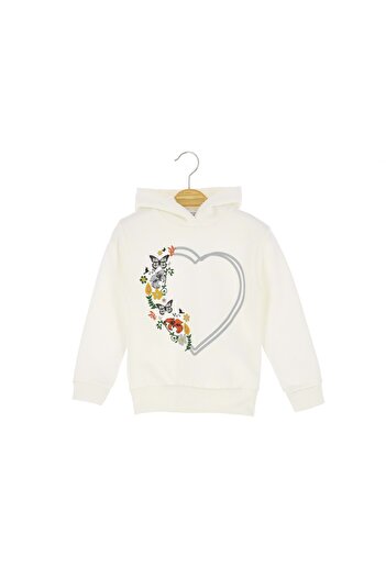 atabay Butterfly Heart Printed Hooded Three Yarn Sweatshirt Ecru