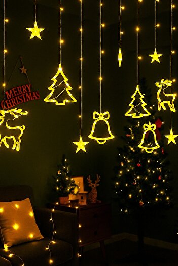 BeySüS Christmas Pine Tree Ornament Deer Tree and Bell Curtain Led Daylight