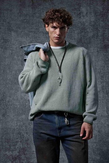 ablukaonline Men's Oversize Washed Distressed Knit Sweater Mint