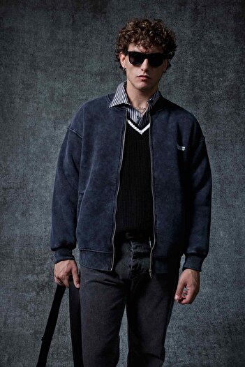 ablukaonline Men's Oversize Washable Zippered Sweatshirt Black